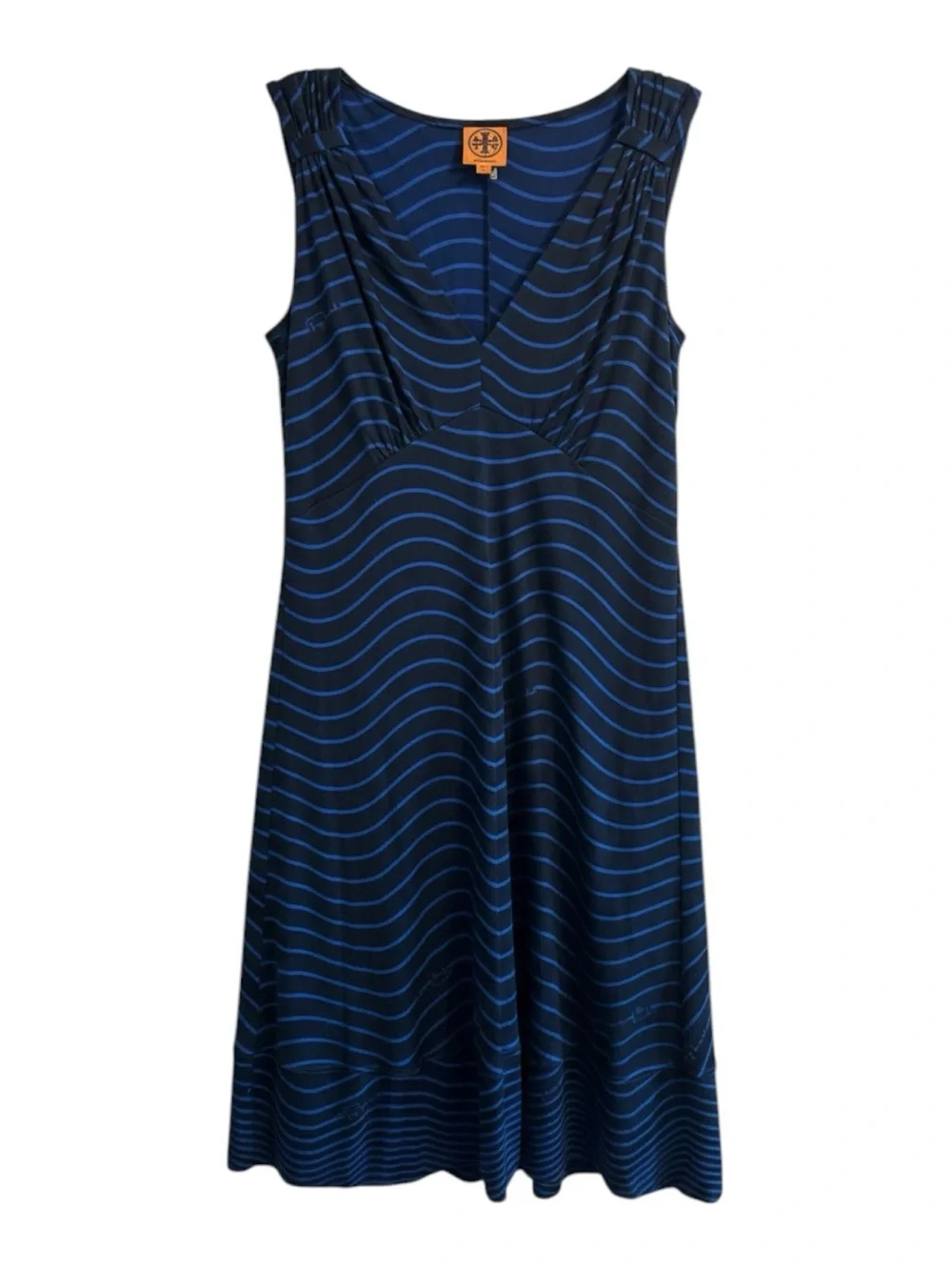 Tory Burch Midi Dress Womens Large Black Blue Silk Stretch Wavy Stripe V-Neck